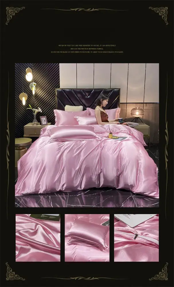 Pink satin duvet cover and pillow set with a glossy finish from decorbites luxury natural mulberry silk bedding set