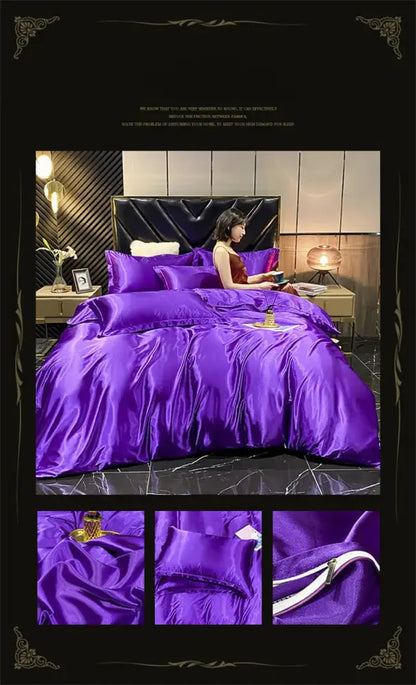 Vibrant purple satin decorbites luxury natural mulberry silk bedding set with duvet cover and matching pillowcases