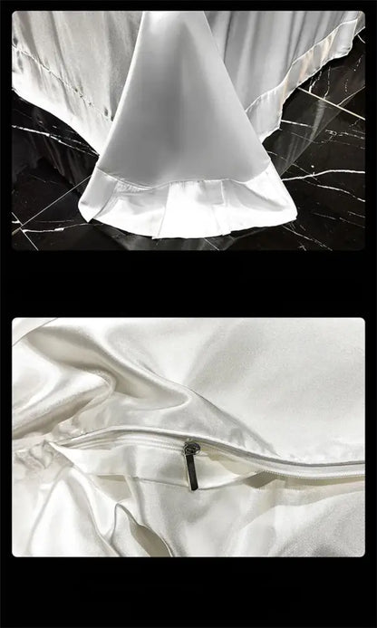 White satin pillowcase with ruffled edge and zipper closure in decorbites™ mulberry silk luxury bedding set