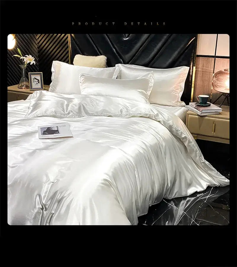 White satin duvet cover from decorbites™ luxury natural mulberry silk bedding set with glossy smooth texture and sheen