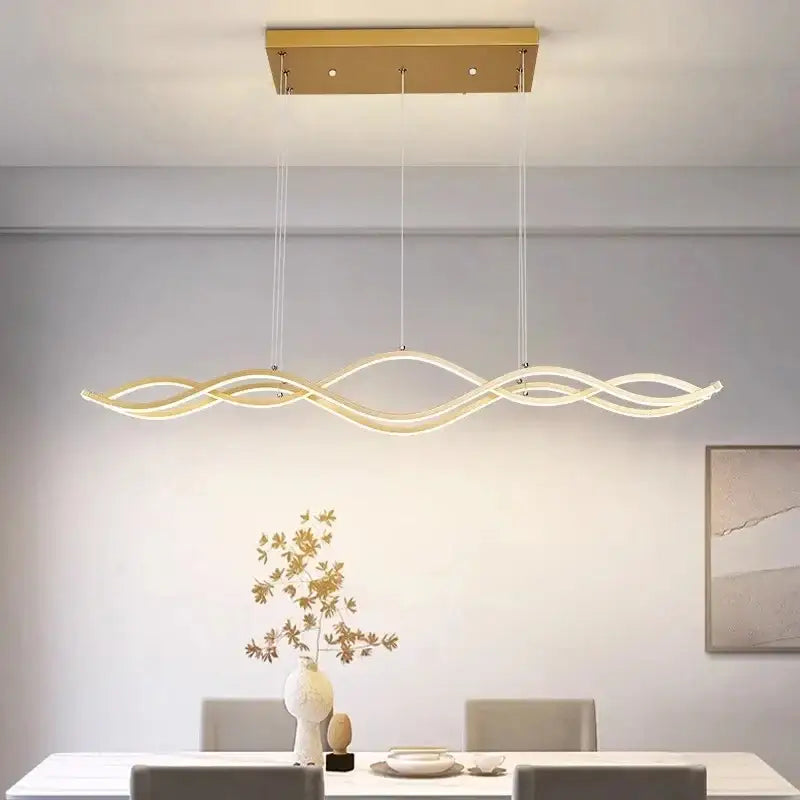 Modern gold-finished luxury nordic chandeliers with sleek wave design and illuminated led lighting for dining room use