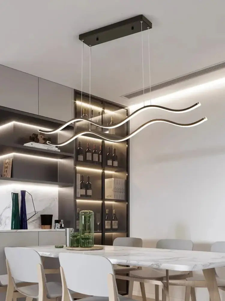 Modern black rectangular pendant light with wavy LED arms emitting soft white glow for luxury Nordic chandeliers dining room