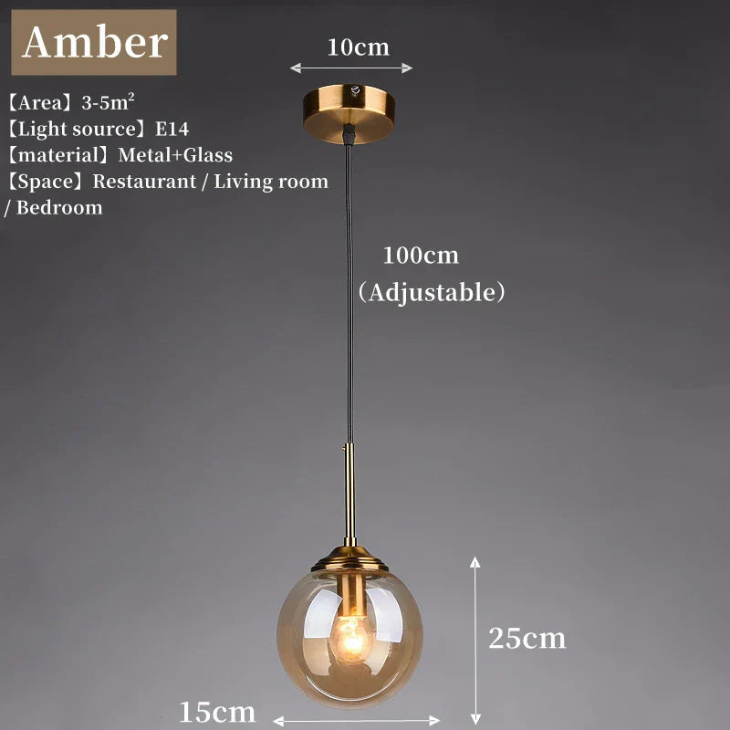 Gold-toned pendant light with spherical amber glass globe and metal hardware in luxury nordic led chandelier for dining room