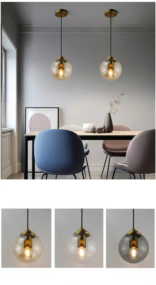 Clear glass globe pendant lights with brass fixtures and visible filaments in a luxury nordic led chandelier for dining room