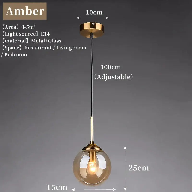 Gold-toned pendant light with spherical amber glass globe and metal hardware in luxury nordic led chandelier for dining room