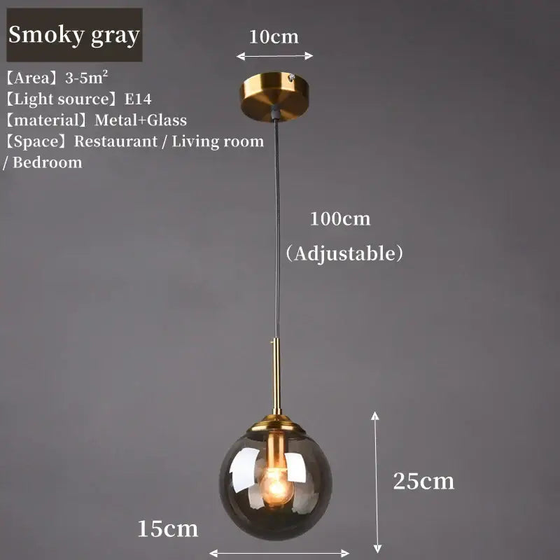 A luxury nordic led chandelier featuring a smoky gray glass pendant with brass fixture and adjustable chain for dining room use