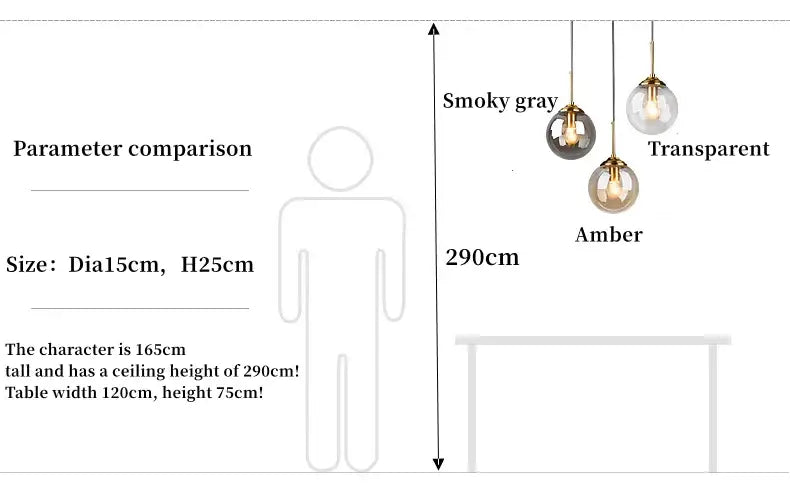 Three spherical glass pendant lights with gold-toned metal fixtures in smoky gray transparent and amber for luxury nordic led chandelier dining room