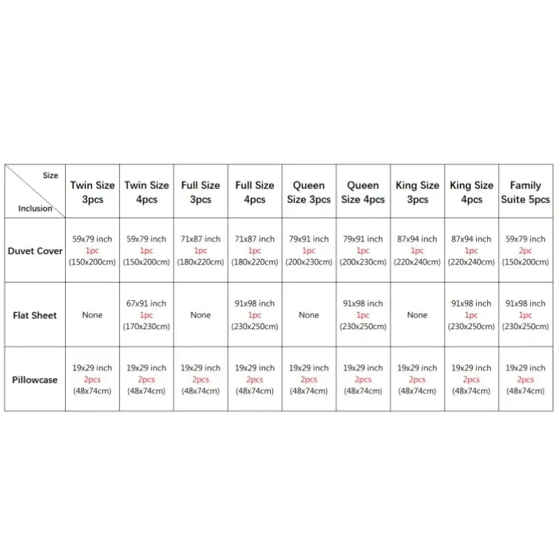 Detailed size chart for decorbites luxury nordic silk bedding set showing duvet cover pcs and width bed dimensions
