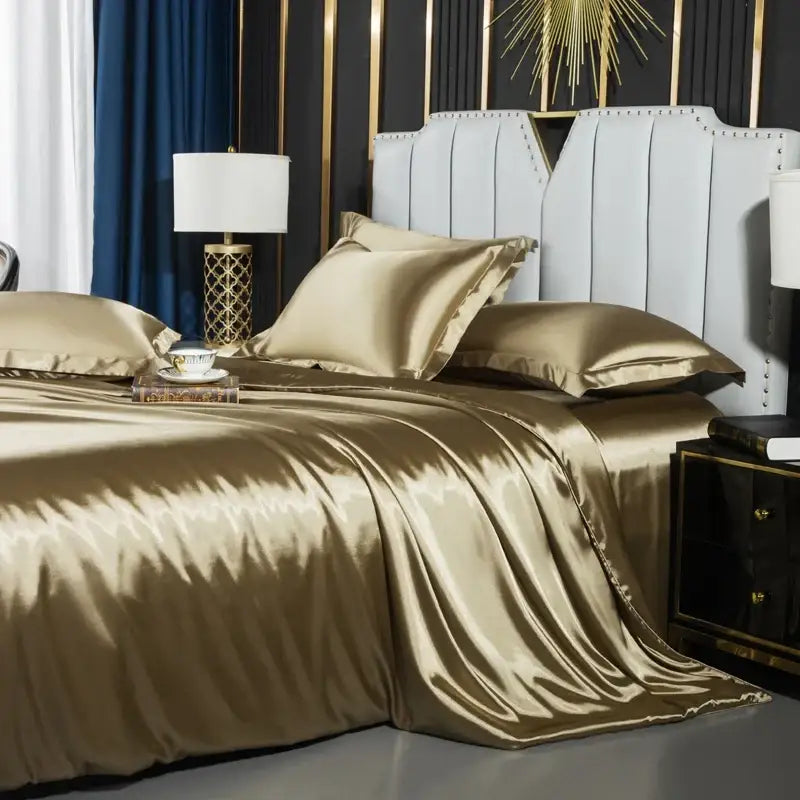 Decorbites™ luxury nordic silk duvet cover set in glossy gold satin with matching pillows for width bed summer use