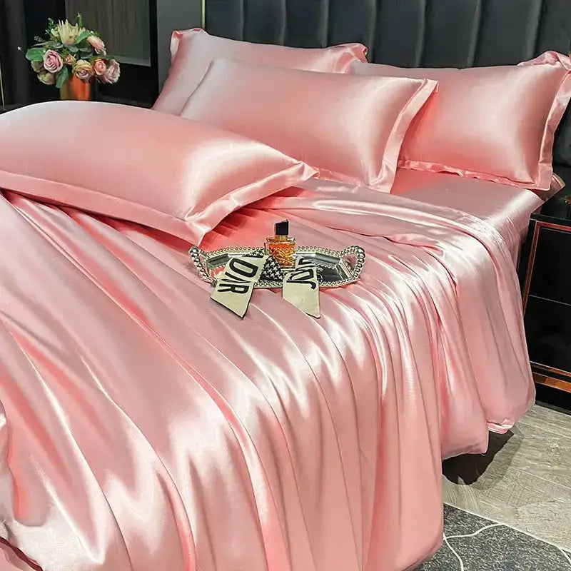 Pink satin duvet cover and matching pcs duvet cover with glossy smooth texture from decorbites luxury nordic silk bedding set