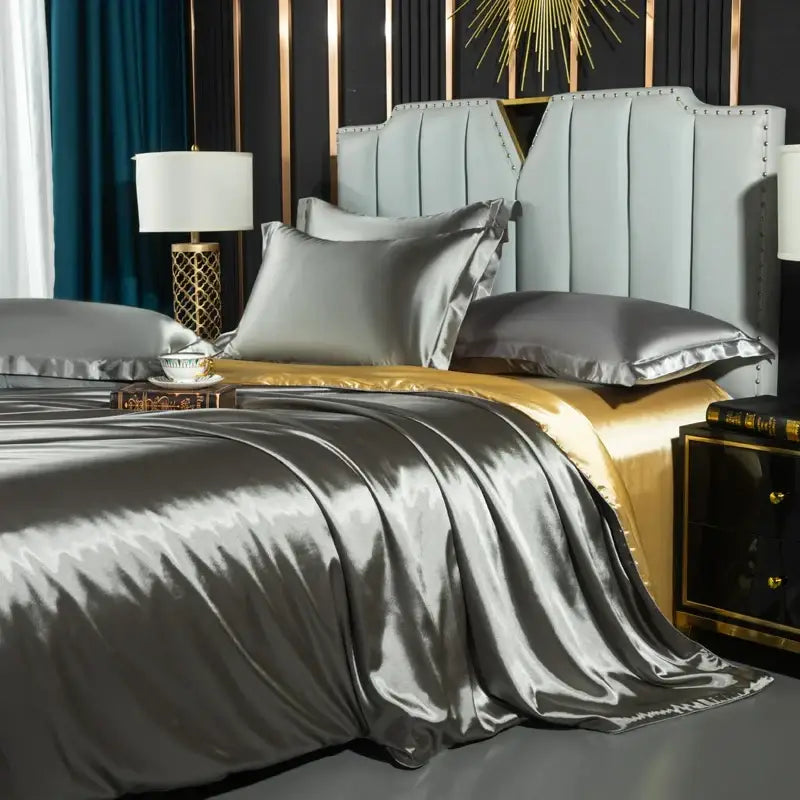 Silver satin duvet cover set with elegant folds by DecorBites™ featuring pcs duvet cover for width bed summer use