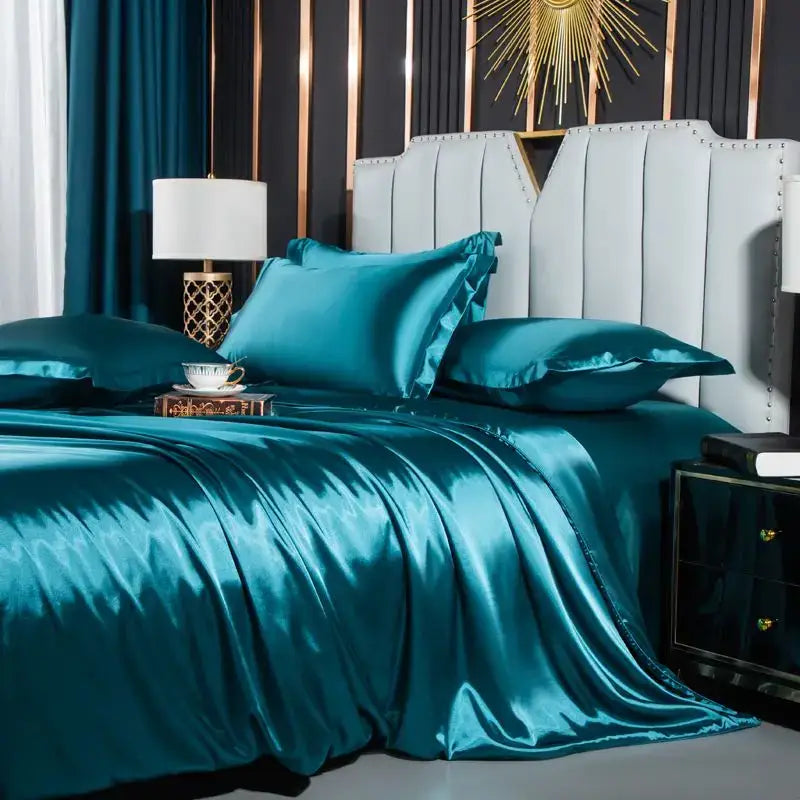 Teal satin duvet cover from decorbites luxury nordic silk bedding set with glossy finish for width bed use