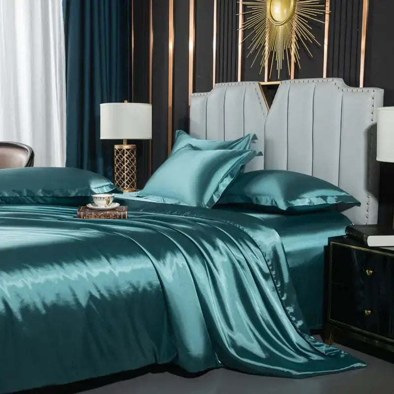 Teal satin duvet cover pcs with matching pillows and tufted headboard from DecorBites Luxury Nordic Silk Bedding Set for summer