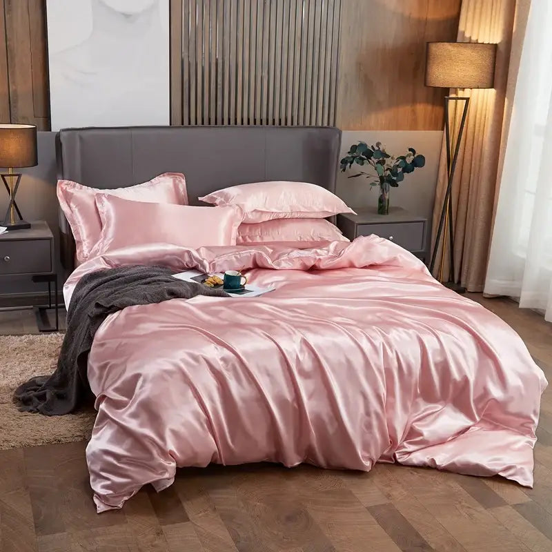 Pink rayon satin decorbites luxury bedding set with pcduvet cover and matching pillows for twin queen king width bed