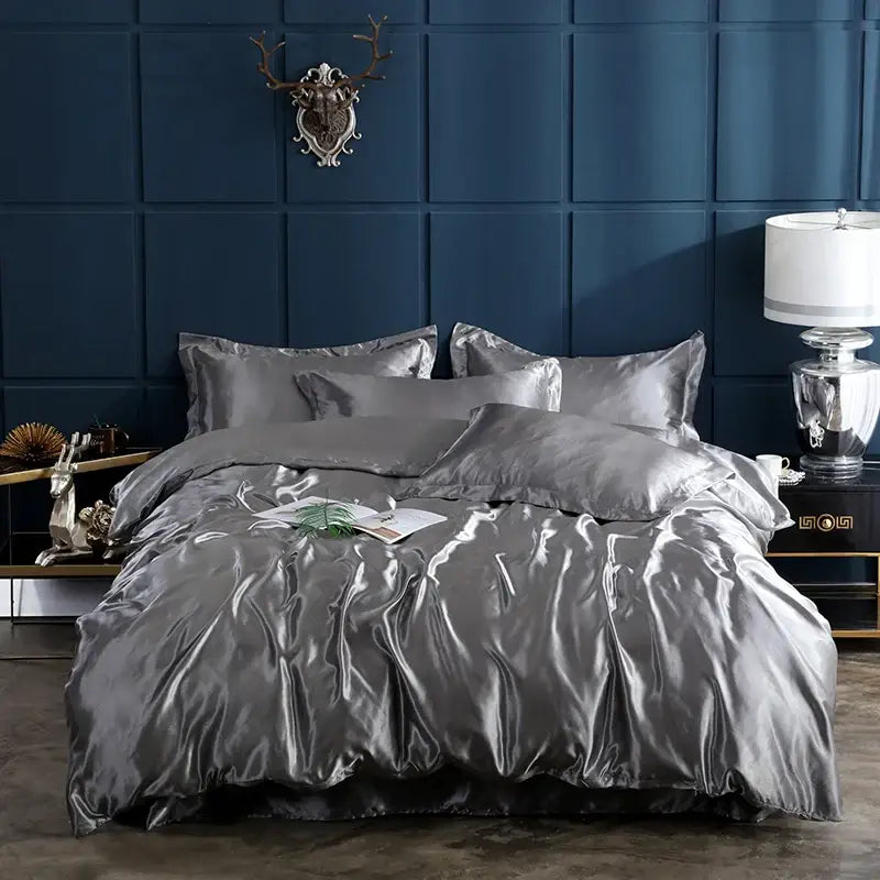 Shiny silver rayon satin DecorBites™ luxury bedding set with matching pillows and pcduvet cover for width bed sizes