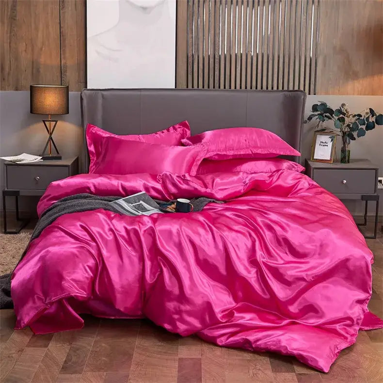 DecorBites™ luxury rayon satin bedding set in vibrant fuchsia with matching pillows and plush pcduvet cover for twin queen king width bed