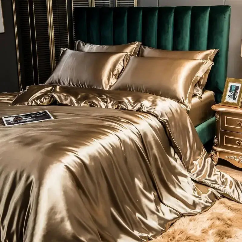 Decorbites luxury rayon silk duvet cover set in glossy gold satin with elegant sheen and flowing drape for width bed