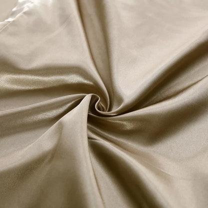 Beige satin duvet cover and bed sheet from decorbites™ luxury silk bedding set with smooth glossy finish and subtle sheen