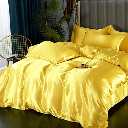 Decorbites™ luxury silk bedding set featuring lustrous golden satin duvet cover pillowcase and bed sheet for width bed