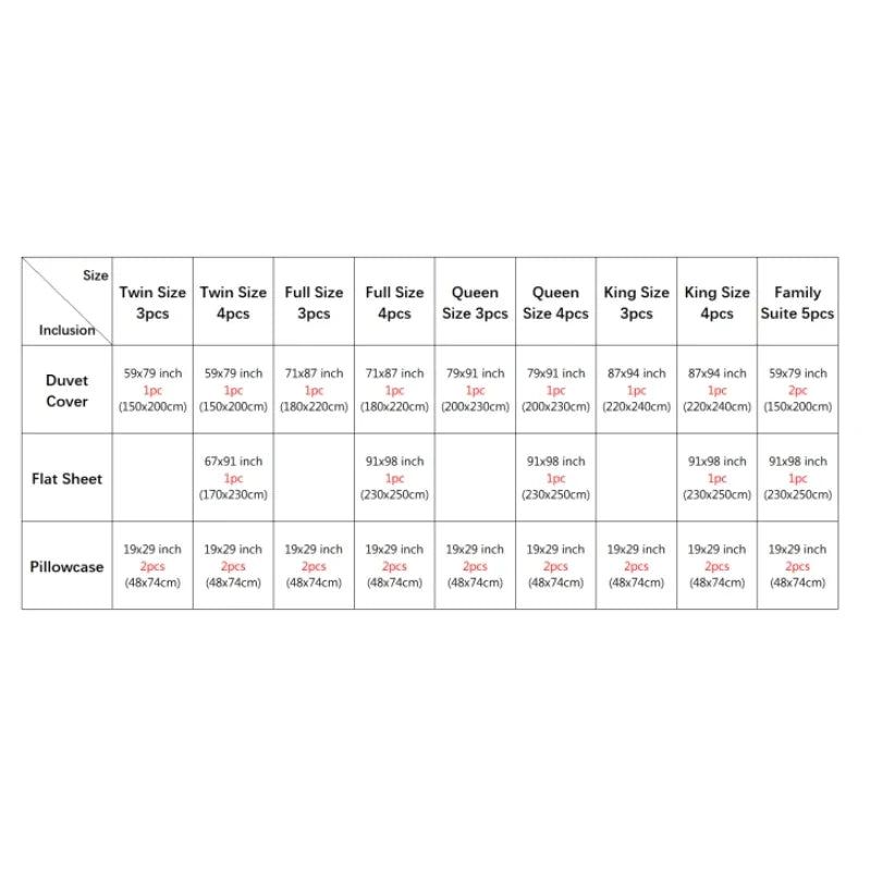 Detailed size chart for DecorBites™ luxury silk bedding set showing duvet cover and bed sheet dimensions by width bed
