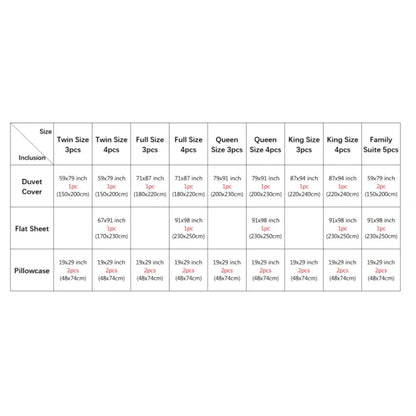 Detailed size chart for DecorBites™ luxury silk bedding set showing duvet cover and bed sheet dimensions by width bed