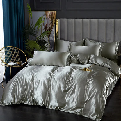 DecorBites™ luxury silk bedding set with silver satin duvet cover bed sheet and matching pillows for width bed
