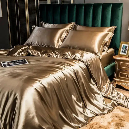 Decorbites™ luxury gold satin silk bedding set king size with glossy sheen and elegant flowing drape pcs duvet cover
