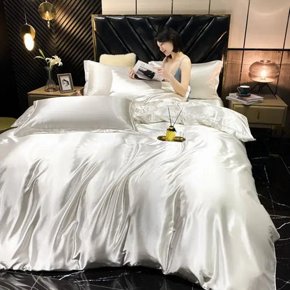 Decorbites™ luxury silk bedding set king size with shiny silver satin pcs duvet cover and plush black headboard