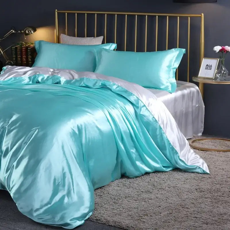 Turquoise satin pcs duvet cover set with matching pillowcases from decorbites luxury silk bedding set solid color