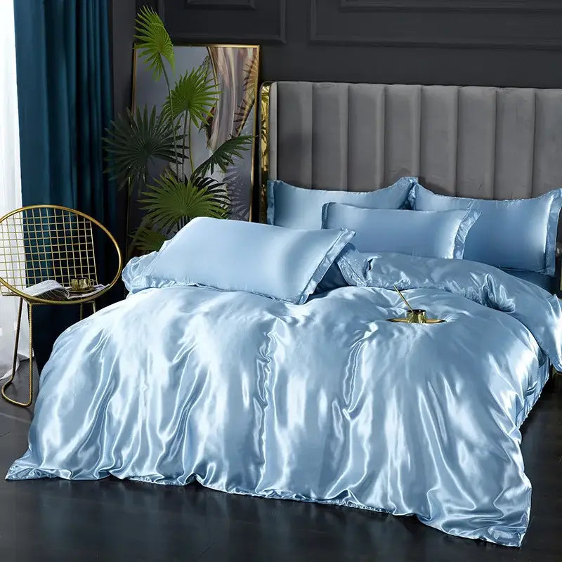Decorbites luxury silk bedding set in light blue satin with glossy finish includes duvet cover and matching pillows