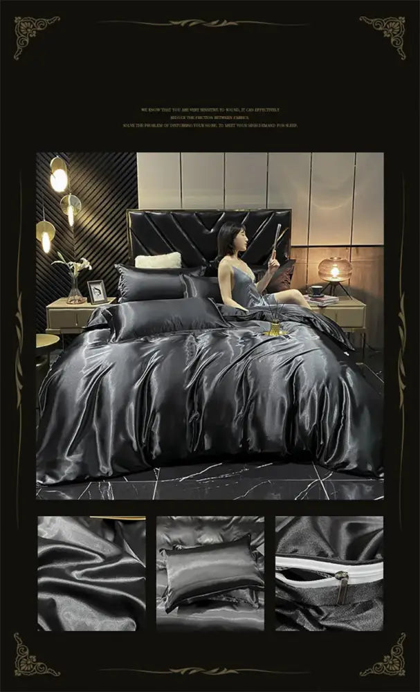 Decorbites luxury black satin bedding set with duvet cover and fitted sheet featuring a glossy smooth texture