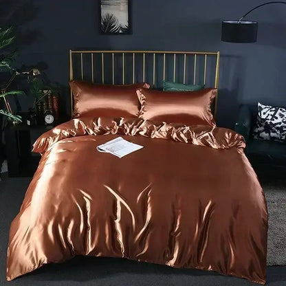 Copper-colored satin duvet cover set with matching pillowcases by DecorBites luxury silk bedding set with fitted sheet