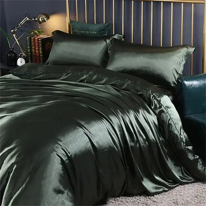 Dark green satin decorbites luxury silk bedding set with duvet cover and fitted sheet featuring smooth glossy texture