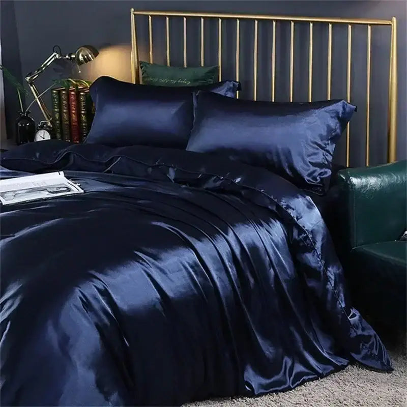 Decorbites™ luxury silk bedding set in deep navy satin with glossy finish includes duvet cover and fitted sheet for queen king beds