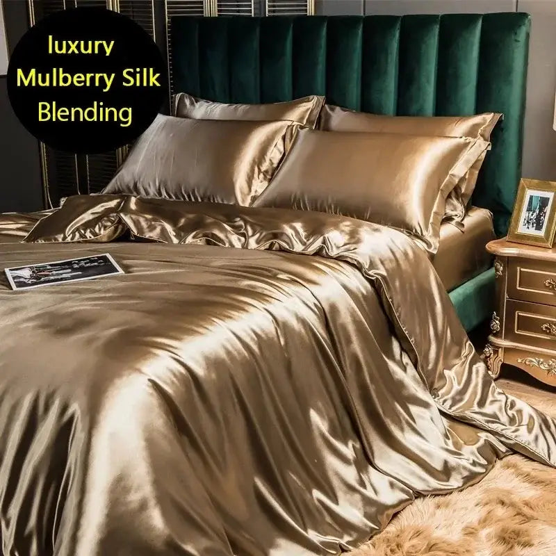 Decorbites luxury silk bedding set queen king with glossy gold satin duvet cover fitted sheet and mulberry silk blend finish