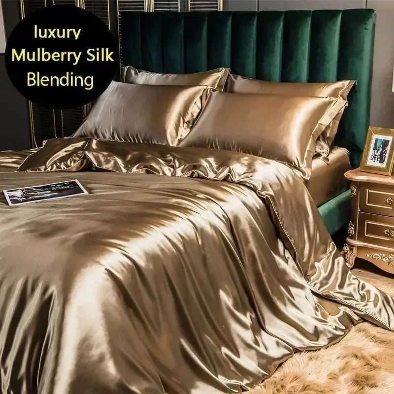 Decorbites luxury silk bedding set with glossy gold satin duvet cover fitted sheet in mulberry silk blend queen king
