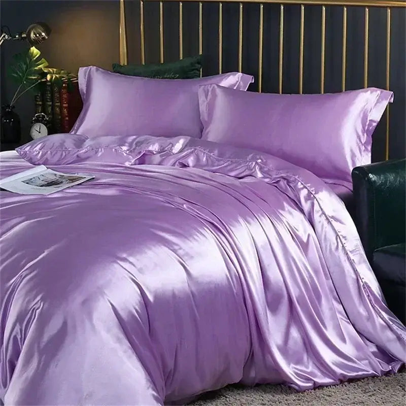 Lavender satin DecorBites™ luxury silk bedding set with duvet cover, fitted sheet, and matching pillowcases for queen king