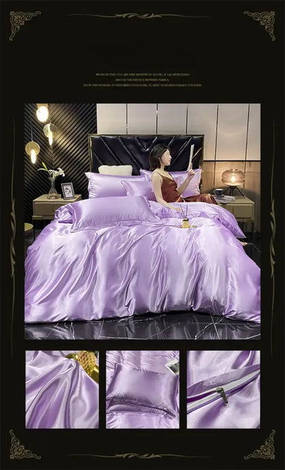 Lavender satin decorbites luxury silk bedding set with duvet cover fitted sheet and matching pillowcases queen king size