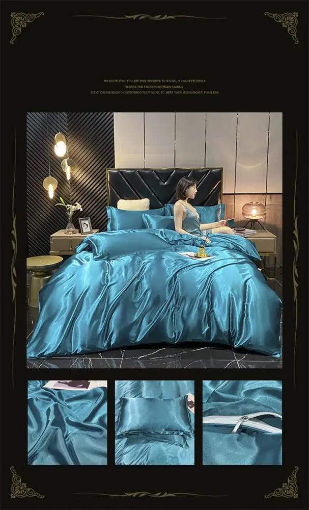 Lustrous teal satin four-piece DecorBites luxury bedding set with duvet cover pillowcases and fitted sheet with zipper closure