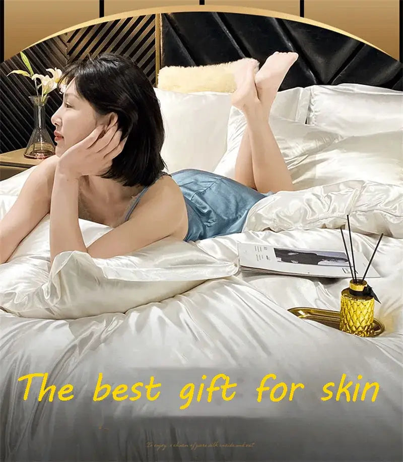 Decorbites™ luxury silk bedding set with white satin duvet cover and fitted sheet featuring smooth glossy finish