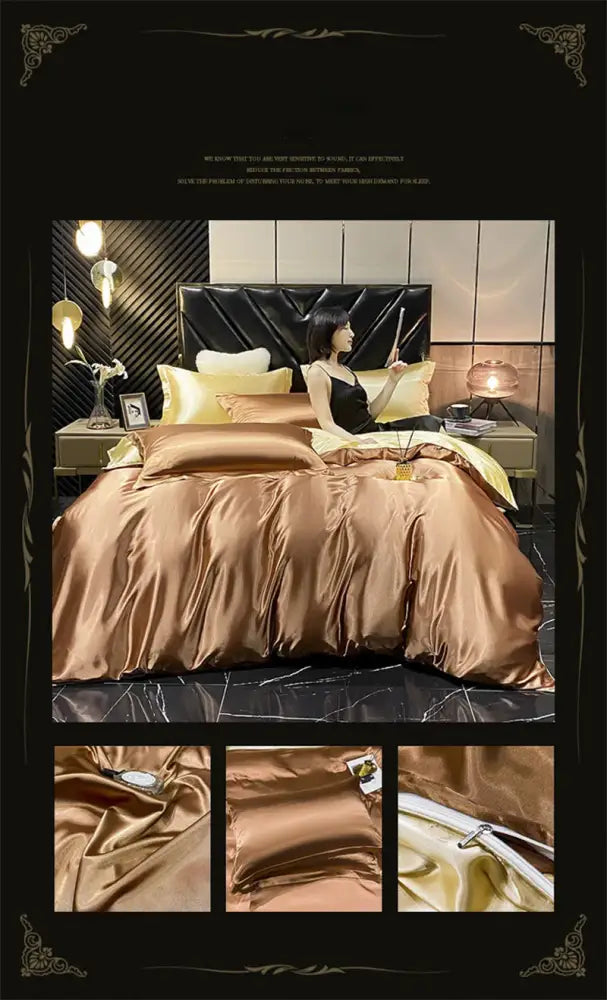 Luxurious bronze satin bedding set with gold-toned zipper accents in DecorBites™ luxury silk duvet cover and fitted sheet