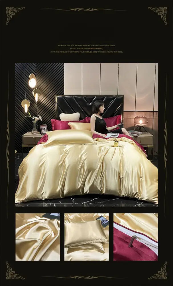 Luxurious gold satin duvet cover bedding set with fitted sheet and burgundy pillow on black tufted headboard bed