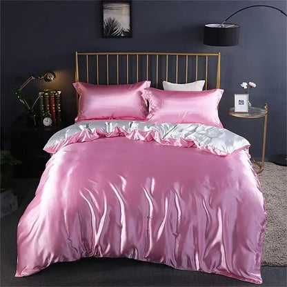 Pink satin duvet cover set with silver accent trim from decorbites luxury silk bedding set with fitted sheet