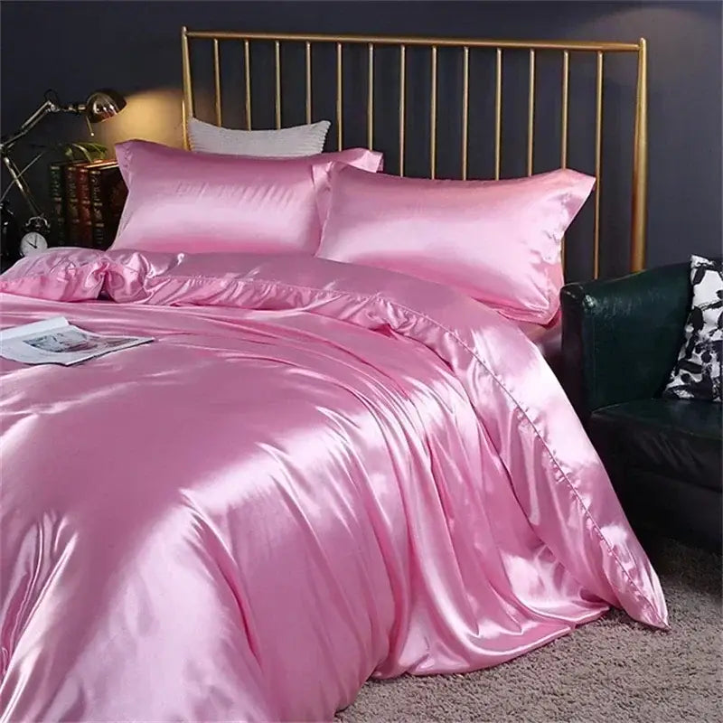 Decorbites™ luxury silk bedding set in pink satin with glossy finish includes duvet cover fitted sheet and pillowcases