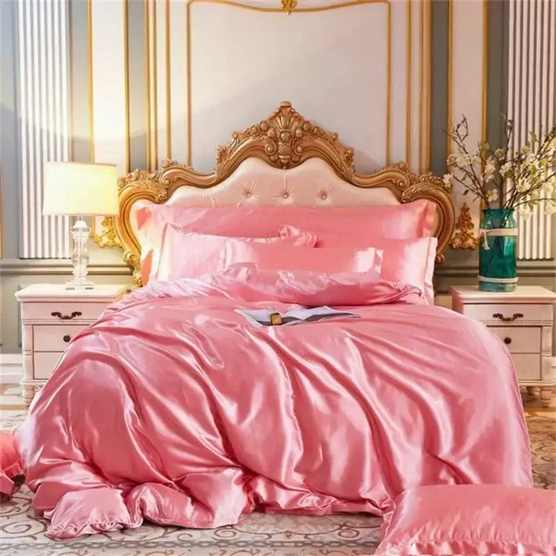 Decorbites luxury silk bedding set queen king with pink satin duvet cover fitted sheet and pillows and ornate gold headboard