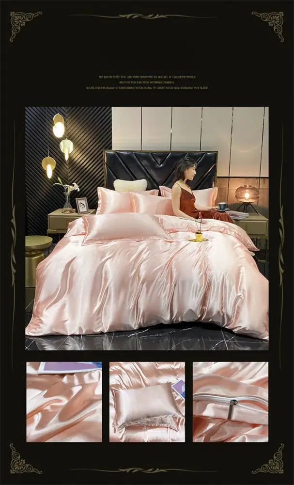Pink satin DecorBites™ luxury silk bedding set with duvet cover, fitted sheet, matching pillows, and zipper closure