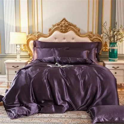 Purple satin DecorBites™ luxury silk bedding set with duvet cover fitted sheet and matching pillows on tufted cream headboard