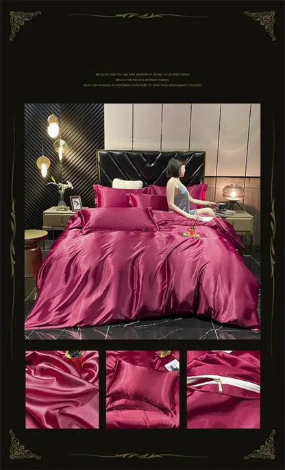 Rich burgundy silk bedding set with fitted sheet and duvet cover displayed on quilted black headboard by DecorBites