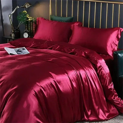 Decorbites luxury silk bedding set in rich burgundy satin with duvet cover fitted sheet and matching pillowcases for queen king
