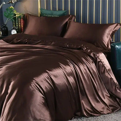 Rich chocolate brown satin bedding set with duvet cover and fitted sheet featuring a glossy luxurious finish by decorbites